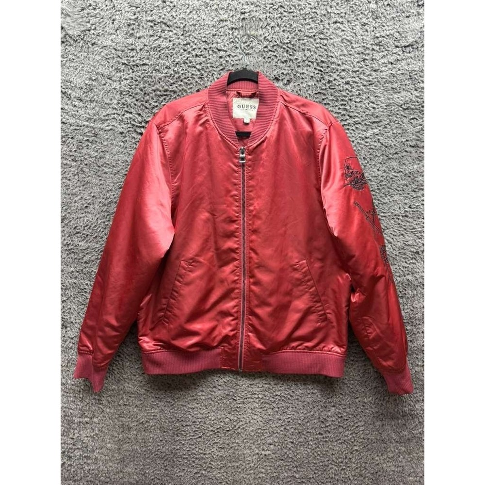 Guess Satin Venice Rebels Embroidered Full Zip Bomber Jacket Red Mens Size XL